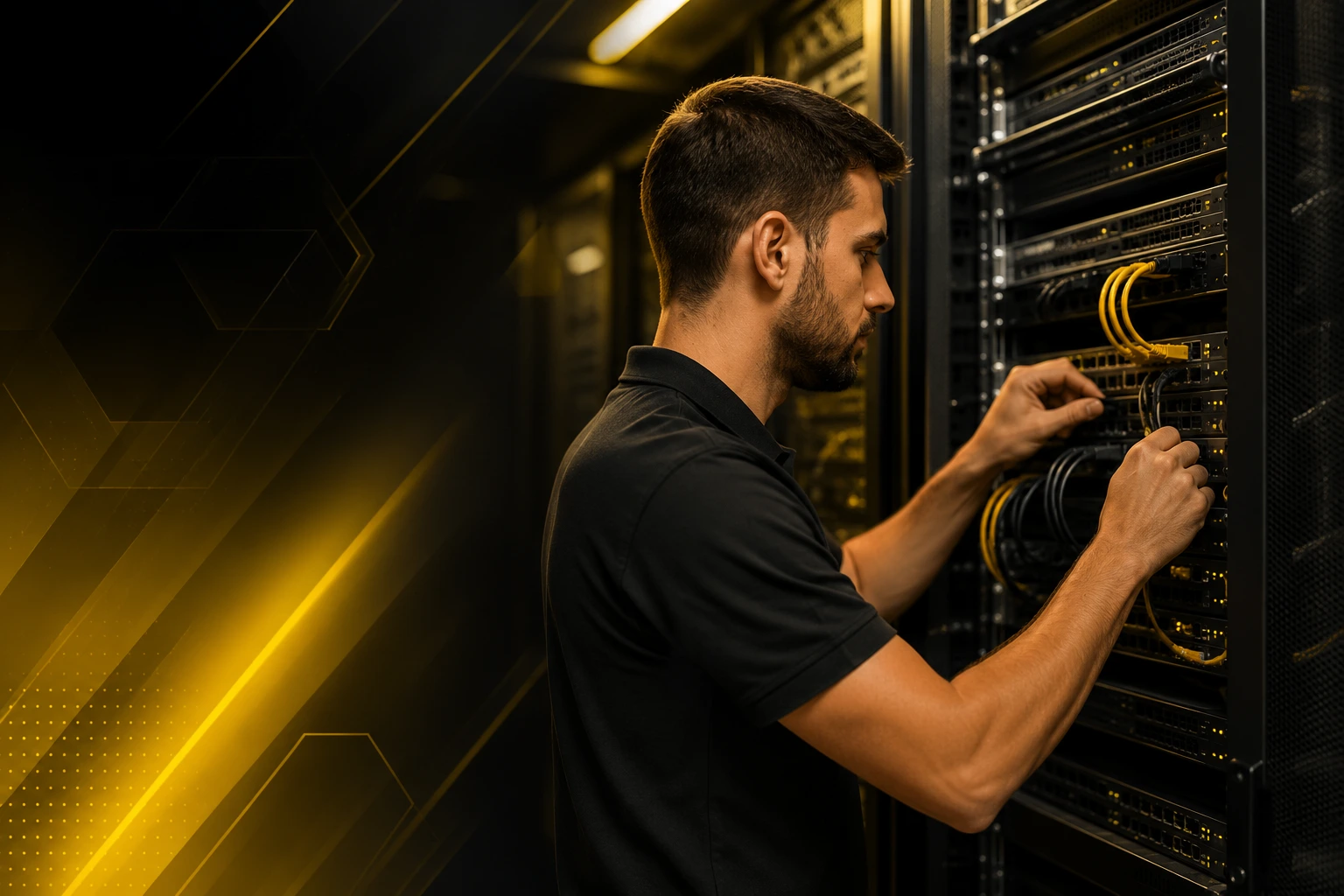 Técnico executando manutenção em rack corporativo
